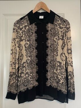 Paisley-Print Black and Cream Button-Front Blouse
